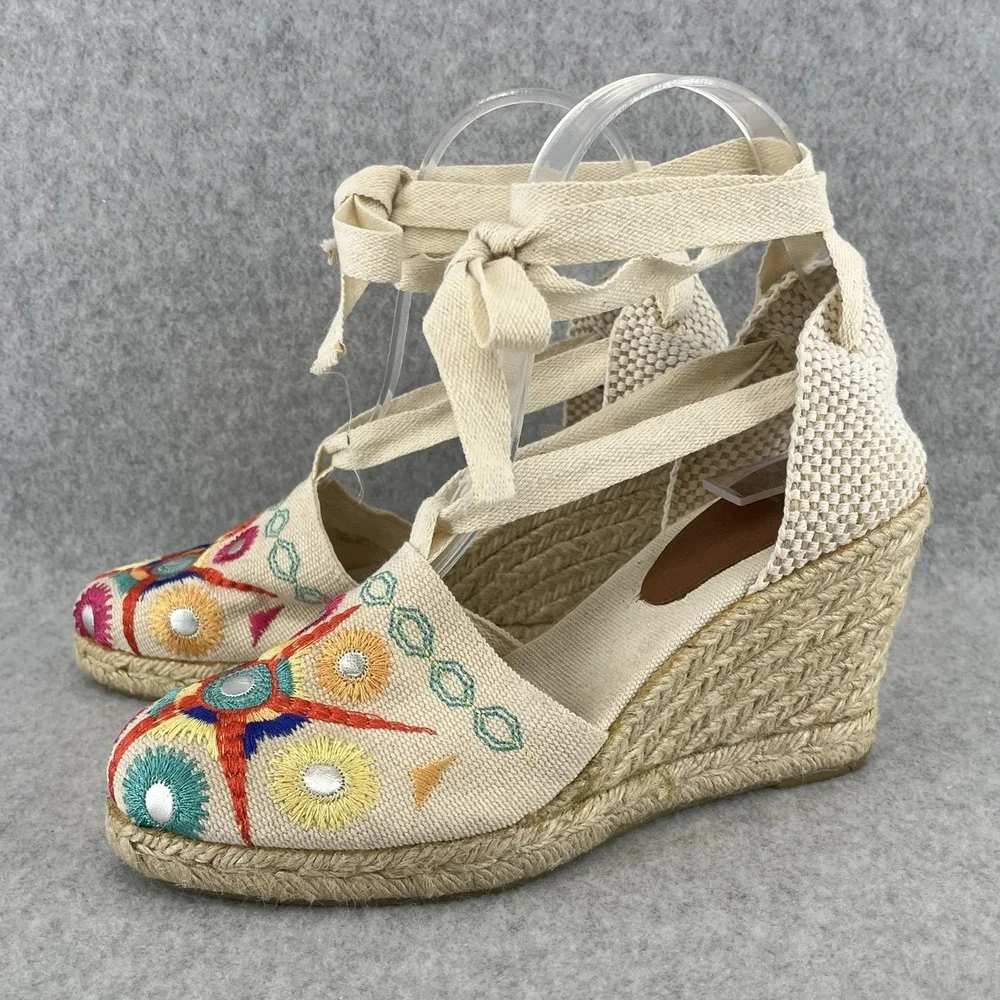 Andre Assous Espadrille Sandals Womens 6.5 Wedge Embroidered Ankle‎ Tie Summer